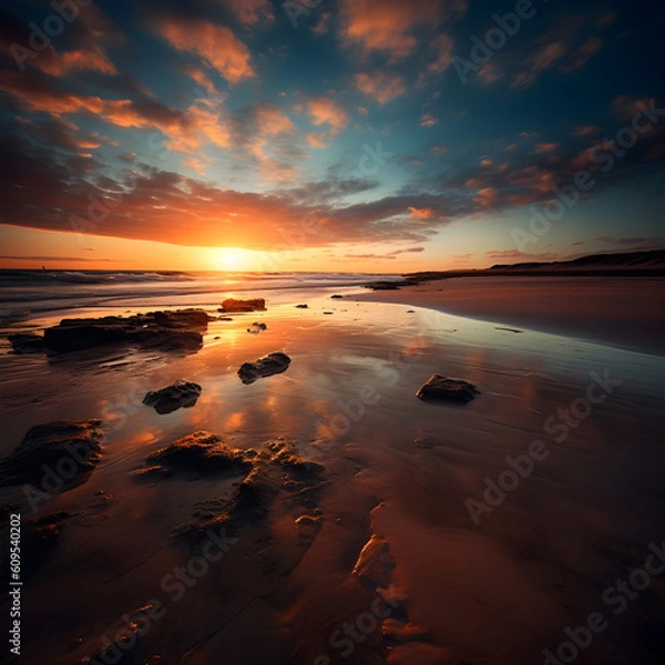Obraz Realistic beach, sunset over ocean, Oil paint, AI Generated, Generative AI