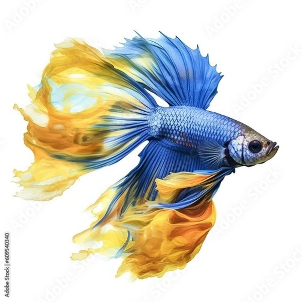 Obraz yellow blue betta fish isolated on white background, generative AI