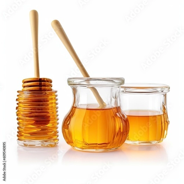 Obraz honey jar with stick, isolated on white background, generative AI