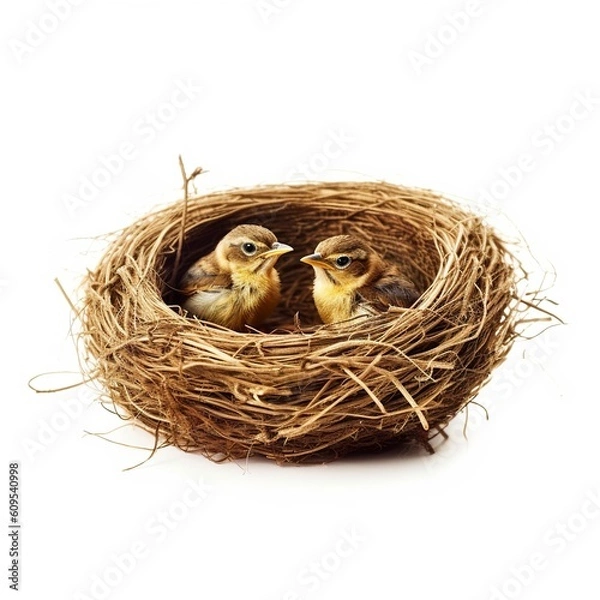 Obraz two baby birds in nest, isolated on white background, generative AI