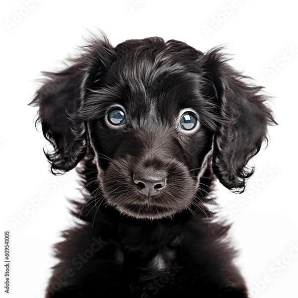 Obraz black curly long hair puppy look at you , isolated on white  background  , generative AI