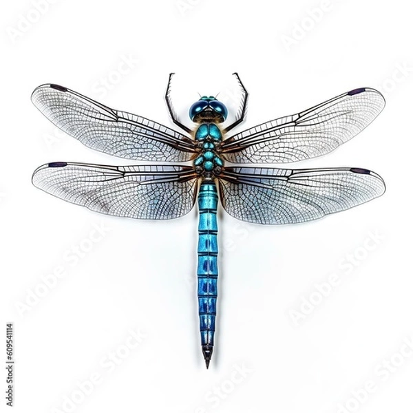 Fototapeta  top view of blue dragonfly , isolated on white background, generative AI