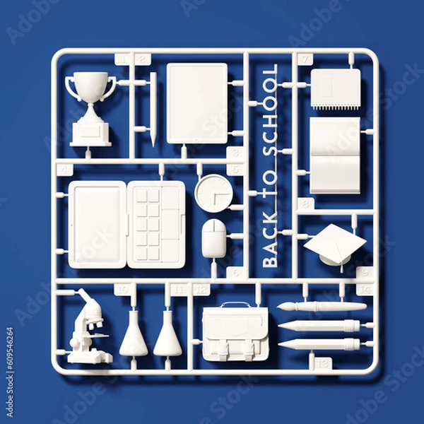 Fototapeta Minimal background for education concept. White plastic model kit of back to school element on blue background. 3d rendering illustration. Object isolate clipping path included.