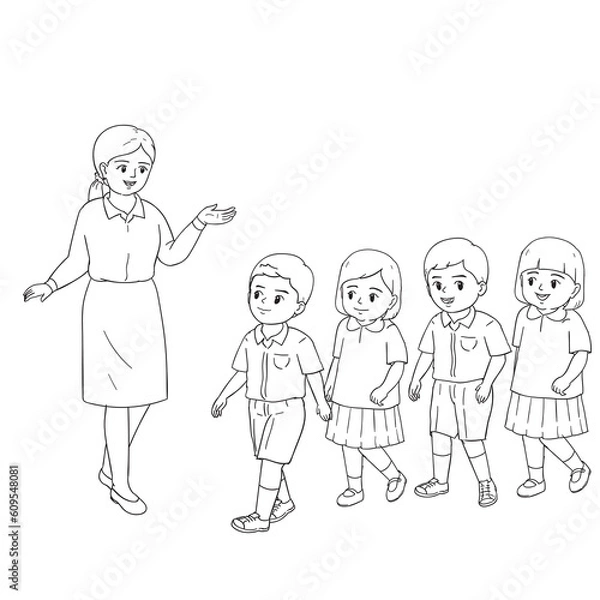 Obraz Cartoon Students line up following the teacher's lecture.