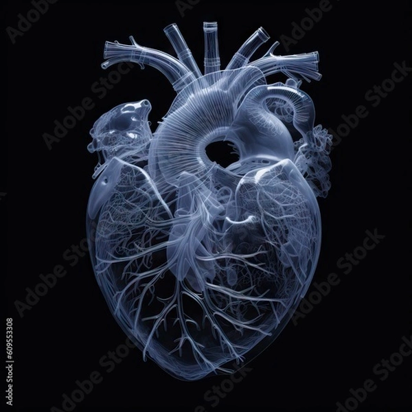 Fototapeta A precise X-ray radiograph image of a human heart, showing the complexities of cardiac structure. Generative AI