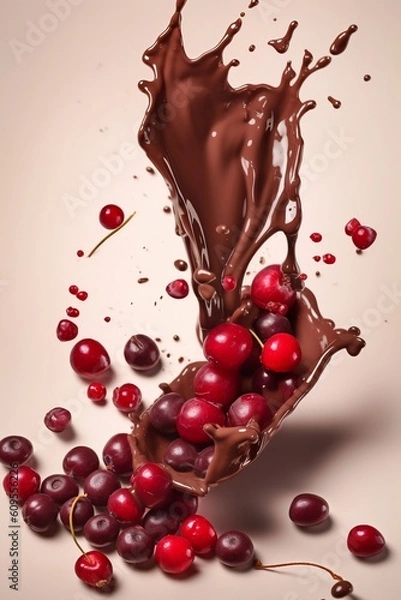 Fototapeta Fruits fall into chocolate splash, milk chocolate dessert with the addition of blackberries, berries, strawberries. Advertising shot. Food style. Generative AI