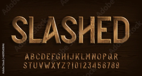 Obraz Slashed alphabet font. Damaged wooden letters and numbers. Stock vector typescript for your typography design.
