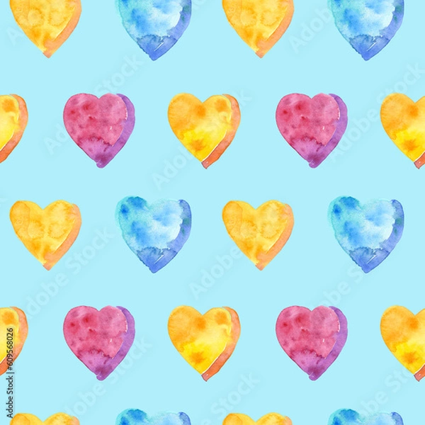 Fototapeta Seamless pattern of watercolor pink, yellow and blue hearts. Hand drawn illustration. Hand painted elements on light blue background.	