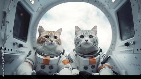 Fototapeta Sleek and modern cats explore the cosmos. Generative IA
