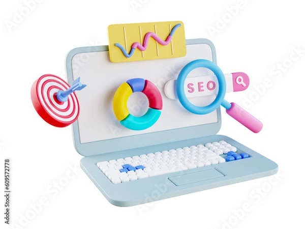 Fototapeta 3D SEO Optimization, web analytics and seo marketing social media concept. SEO interface for website strategy and research planing, search engine traffic. 3D rendering