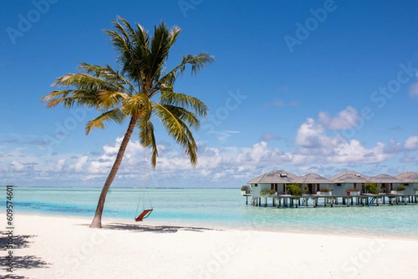 Obraz Desktop Wallpaper. White beach, palm tree and water villas in Maldives.