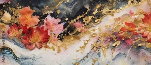 Fototapeta Abstract alcohol ink background, luxury and creative paint with beautiful and dreamy color, unique colored marble art with oil painting, wide graphic design for print and business - Generative Ai