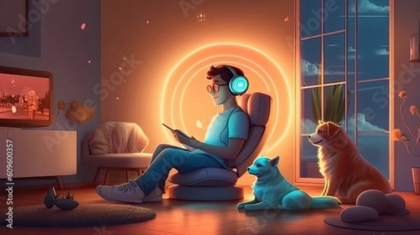 Fototapeta People and their pets illustrations. training and playing with their pets, encouragement concept. family illustration in cartoon style, Generative AI illustration