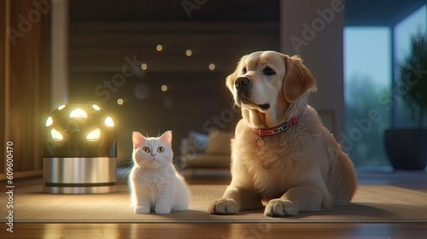 Fototapeta Portrait of pet, cute and funny pet. pet posing looking at camera sitting on the floor, love and care concept, selective focus. Generative AI illustration