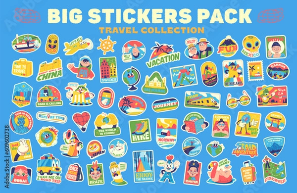 Fototapeta Huge Travel Vector Retro Stickers Pack, Pins, Stamps, Patches. Retro Hand drawn illustration concept. Trendy Cartoon style of 30s. Famous monuments, landmarks and sightseeings.