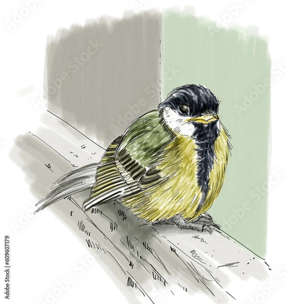 Fototapeta Great tit fledgling sketch