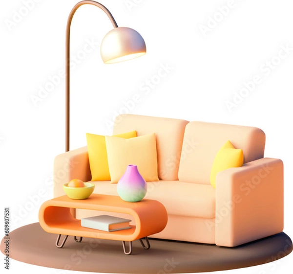 Fototapeta Vector sofa with coffee table illustration. Modern furniture. Sofa with cushion, wooden center table and floor lamp