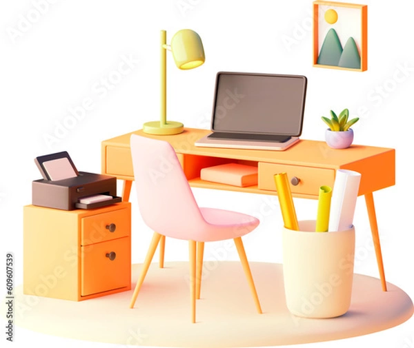 Fototapeta Vector workplace with desk, chair and laptop illustration. Home office furniture. Desk lamp, computer, printer stand
