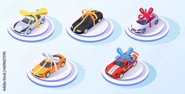 Fototapeta Car gift concept. Automobile with bow ribbon. 3D isometric design. Best offer cars for sale, rent, template. Isolated on white background. Presentation, show speed race vehicle. Vector illustration