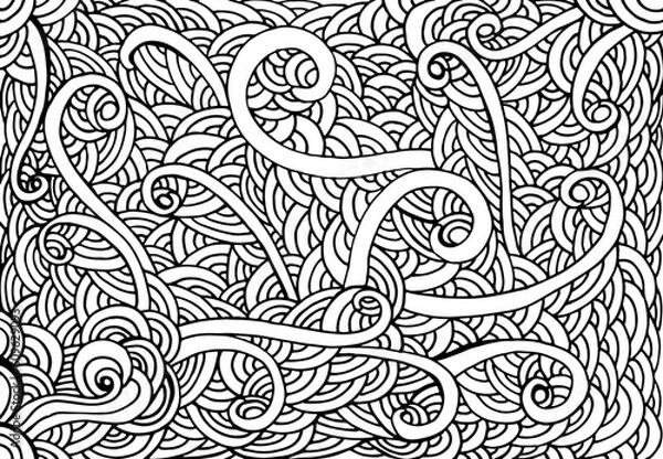 Fototapeta Crazy waves abstract psychedelic monochrome pattern. Funny doodle style with many intricate waves coloring page.