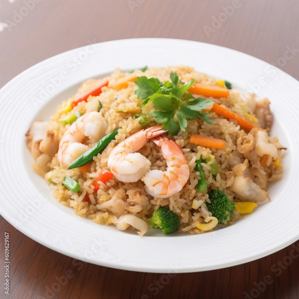 Fototapeta bowl of shrimp fried rice on wooden background, generative ai