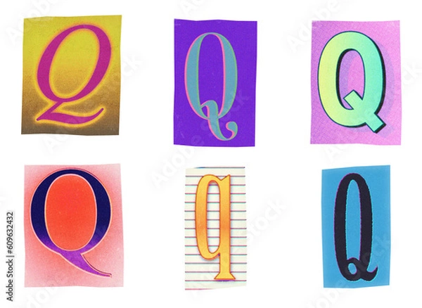 Fototapeta Letter Q ransom note paper cut-out collage elements in various graphic styles isolated on transparent background