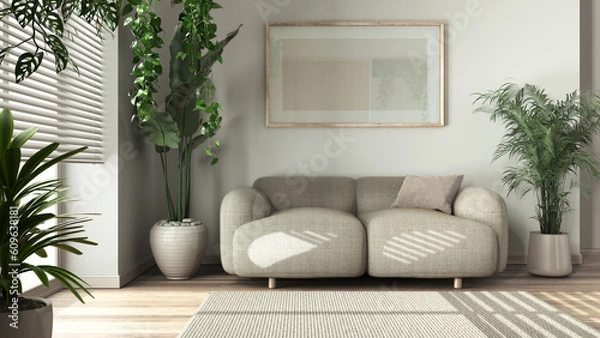 Fototapeta Minimal bleached wooden living room in white and beige tones with fabric sofa, carpet, and frame mockup. Biophilic concept, houseplants. Modern interior design