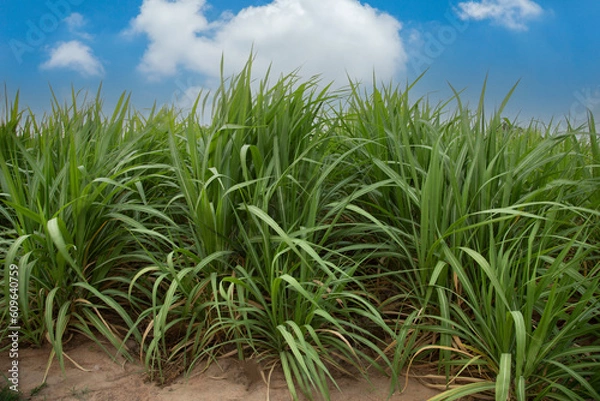Fototapeta Sugarcane fields growing under a clear sky
