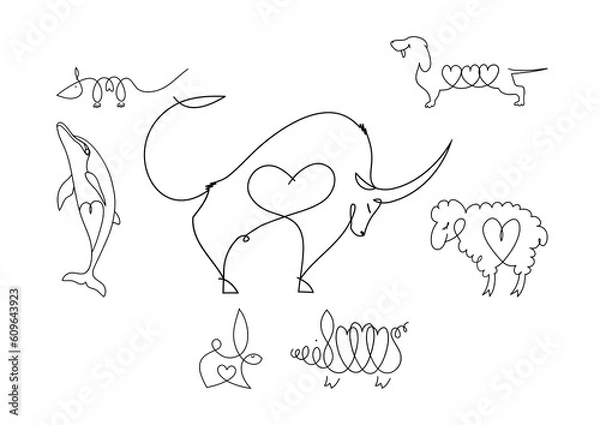 Obraz Silhouettes of different animals in one line, a collection of simple recognizable vector illustrations, bull, art, dolphin, rabbit, mutton, pig, dog, isolated design elements, linear logo objects