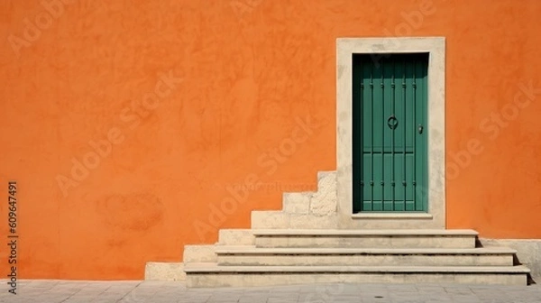 Fototapeta Contemporary layout template for decoration design. Orange Wall with a door, steps. Template design. luxury style background