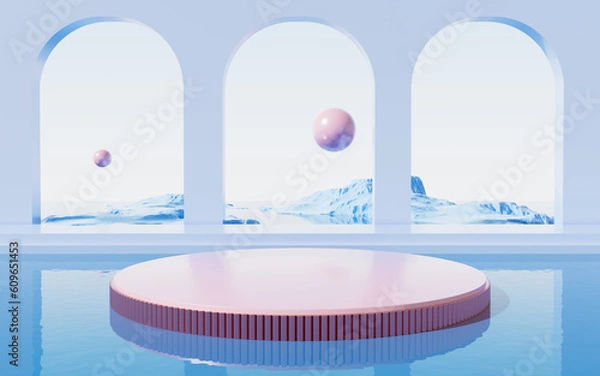 Fototapeta Geometric architecture and water surface background, 3d rendering.
