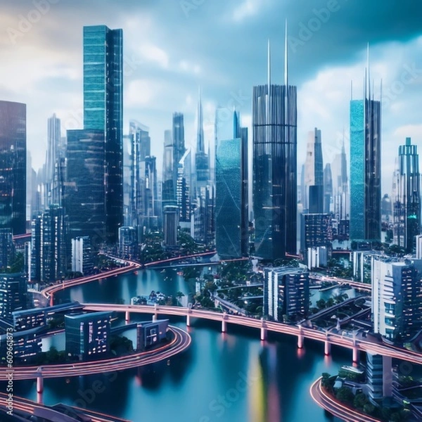 Fototapeta Modern cityscape with shining glass and metal skyscrapers