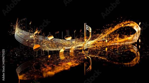Fototapeta Golden Wavy Lines With Light Effect And Music Notes On Black Background. Ai generated