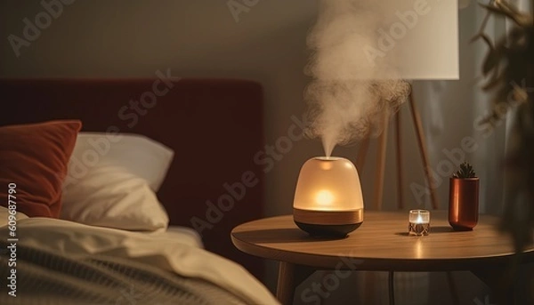 Obraz A warm-toned bedroom, humidifier on the table, Generative AI
