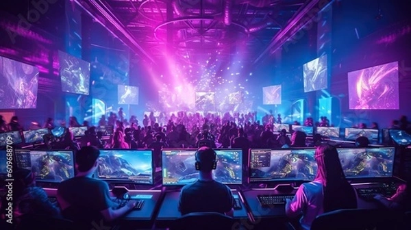 Fototapeta Major esports event, team of professional gamers playing in offline gaming tournament on stadium. Generative AI