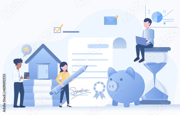 Fototapeta Real estate investment. Various elements to purchase, mortgage agreement, piggy bank, rent, contract and signature. Flat vector design illustration.
