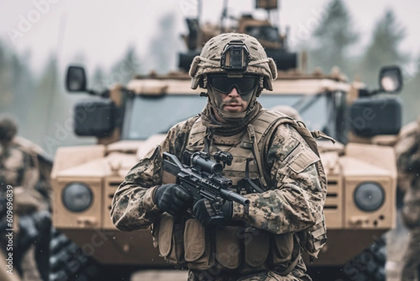 Fototapeta anti terrorist special force squad on action with military troops carrier in background