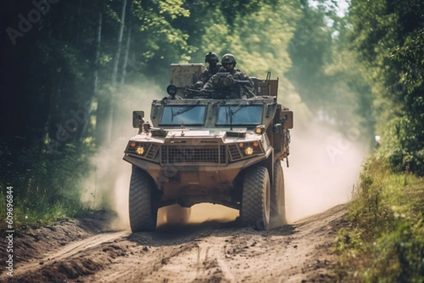 Fototapeta anti terrorist special force squad on action with military troops carrier in background