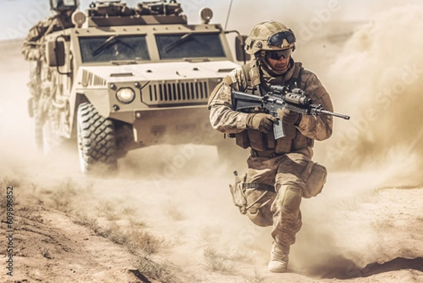 Fototapeta anti terrorist special force squad on action with military troops carrier in background