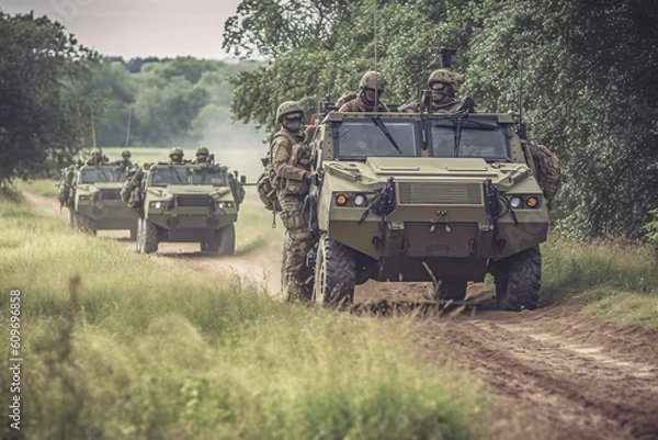 Fototapeta anti terrorist special force squad on action with military troops carrier in background