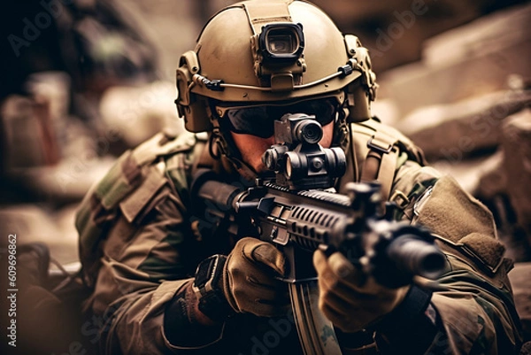 Fototapeta anti terrorist special force squad on action with military troops carrier in background