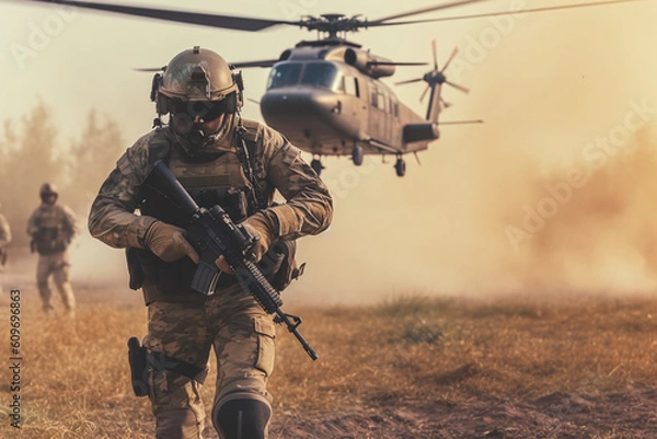 Fototapeta anti terrorist special force squad on action with helicopter in background