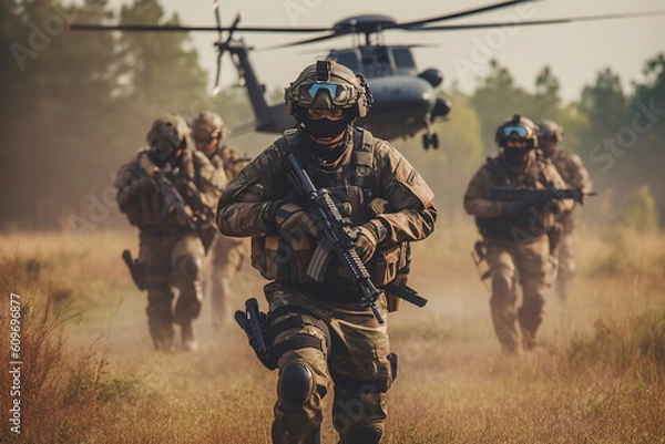 Fototapeta anti terrorist special force squad on action with helicopter in background
