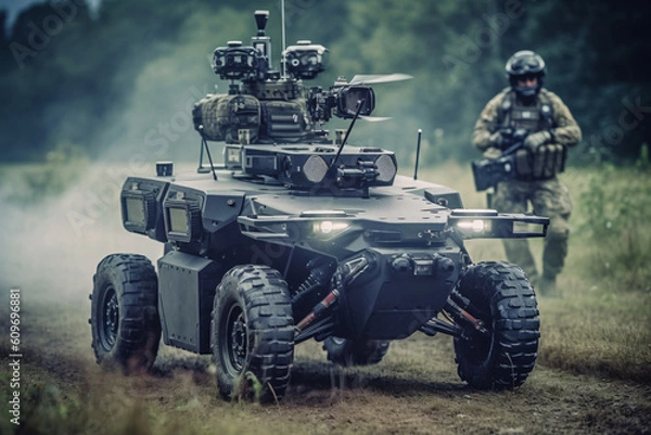 Fototapeta anti terrorist special force squad on action with military troops carrier in background
