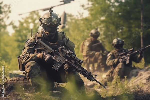 Fototapeta anti terrorist special force squad on action with military troops carrier in background