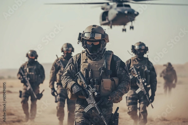 Fototapeta anti terrorist special force squad on action with helicopter in background