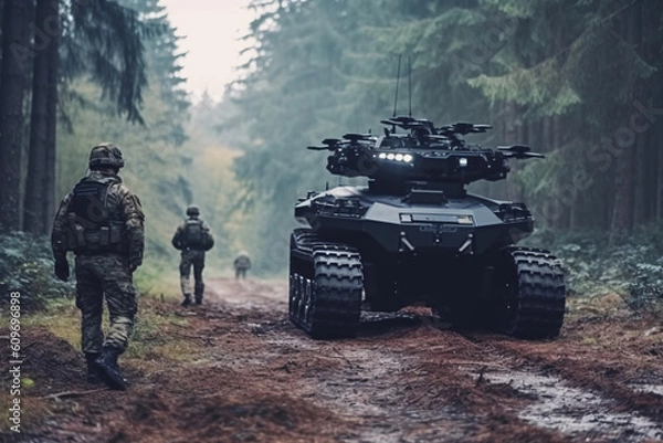 Fototapeta anti terrorist special force squad on action with military troops carrier in background