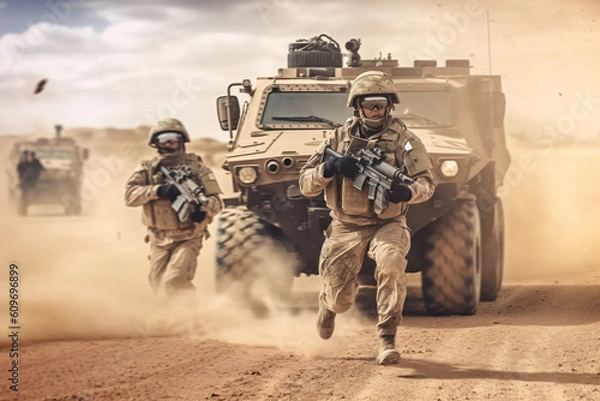 Fototapeta anti terrorist special force squad on action with military troops carrier in background