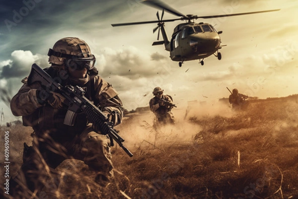 Fototapeta anti terrorist special force squad on action with helicopter in background