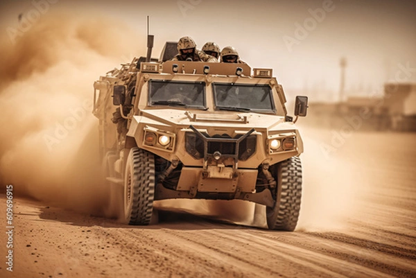 Fototapeta anti terrorist special force squad on action with military troops carrier in background
